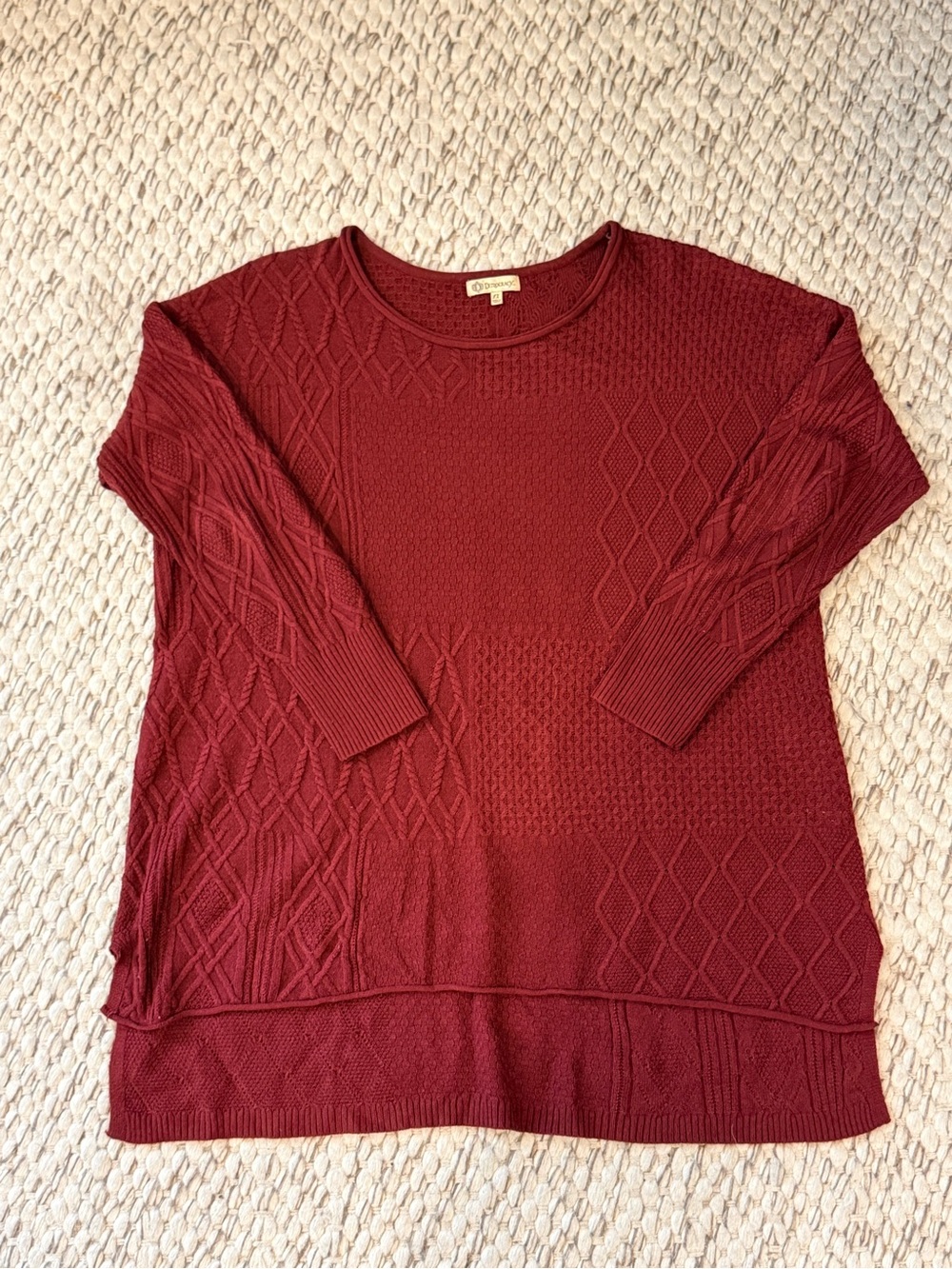 Democracy Women’s 1X Burgundy Mixed Cable Knit Sweater Layered Hem